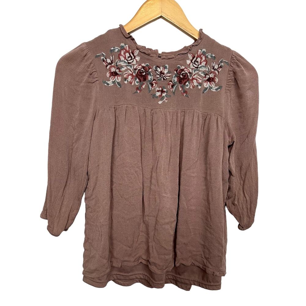 Polagram Womens Size Small Brown Embroidered Floral 3/4 Sleeve Blouse